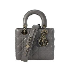 Christian Dior Womens Quilted Lambskin Cannage Lady Dior Tote Handbag Gray